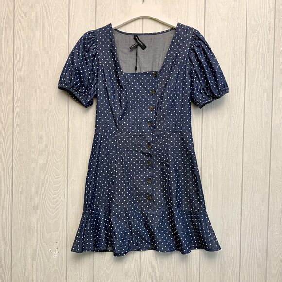 BCBGMAXAZRIA Navy Blue Puff Sleeve Polka Dot Dress Size Small NWT - Picture 3 of 6
